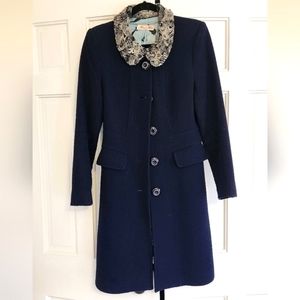 ALANNAH HILL • Navy Blue Fit & Flare Winter Coat with Fur Collar, Size 6